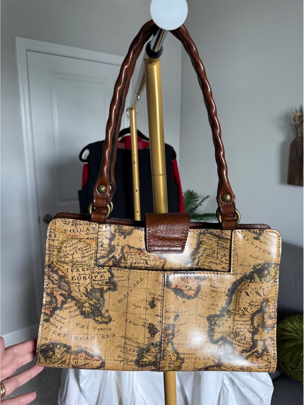 Patricia Nash map print handbag with brown braided handles